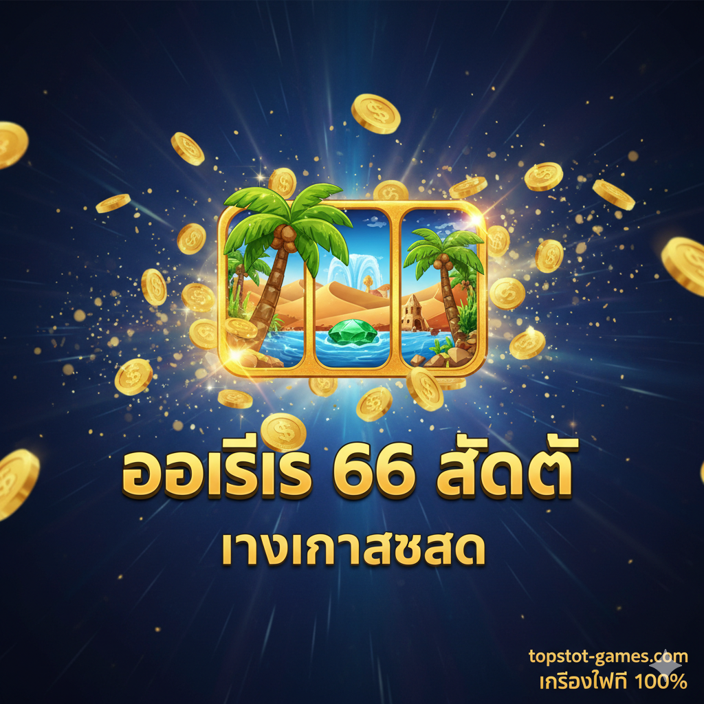 作为文章封面图，需展现「Oasis 66 Slot ทางเข้าล่าสุด」的主题。图片中央应有一个闪耀的、具有热带沙漠绿洲（Oasis）元素的金色老虎机符号（Slot Symbol），周围环绕着金币和动态光效。背景使用深蓝色和金色调的对比，营造出奢华和科技感。右侧或下方应有小字突出「topslot-games.com」และ「เครดิตฟรี 100%」，以泰语为主，风格现代、高品质，强调权威性。
