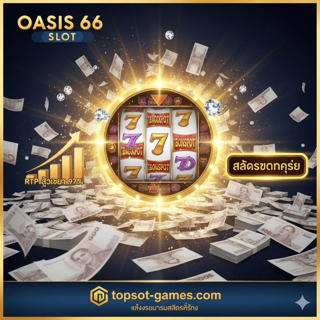 优势图片强调「RTP สูงกว่ามาตรฐาน」และ「สล็อตแตกง่าย」。主视觉应为一个巨大的老虎机滚轮，其中大部分符号为「JACKPOT」หรือ「BONUS」，滚轮周围有一个向上倾斜的柱状图，标示着「RTP 97%+」的字样。背景要有强烈的金色爆发光芒และ大量的泰铢钞票飞出，营造出“爆奖”และ高回报的兴奋感。风格要刺激、视觉冲击力强，突出topslot-games.com的优势。