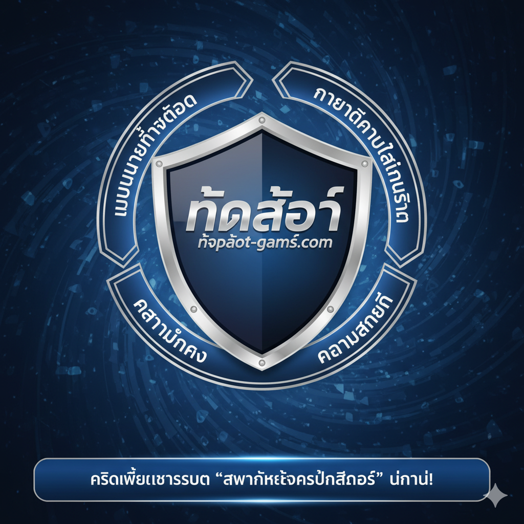 总结图片用于强调「ความมั่นคง」และ「ความปลอดภัย」。画面中心可以是一个坚固ของ、印有 topslot-games.com 标志的盾牌，周围มี「ใบอนุญาตที่ถูกต้อง」และ「การันตีการจ่ายเงินจริง」的泰语文字环绕。构图应稳固、可靠，使用深沉的蓝色和银色，象征信誉和基础。底部可以有一个简洁的横幅，上面写着「คลิกเพื่อเข้าร่วม “สวรรค์แห่งการปั่นสล็อต” ทันที!」作为行动呼吁。