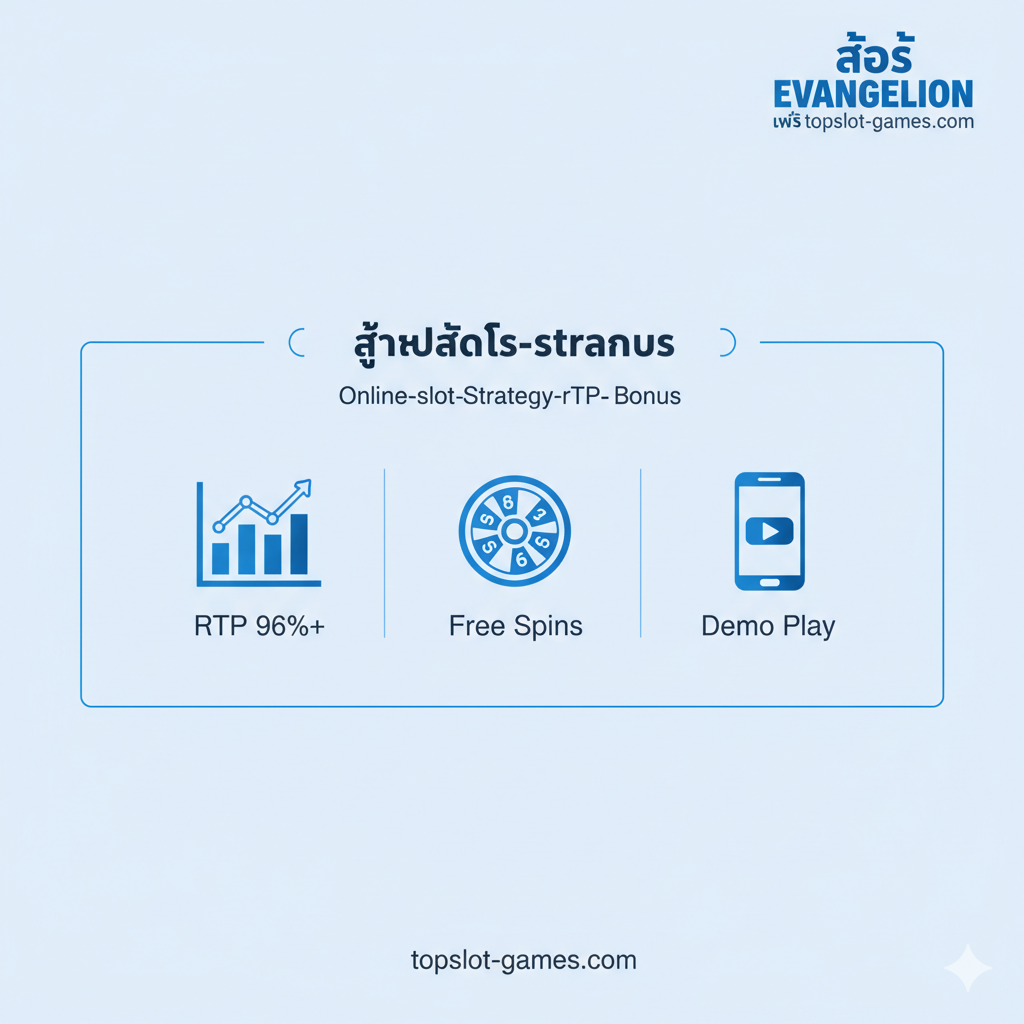 一张信息图表风格的图片，用于说明在线老虎机的优势和“สูตรสล็อต”（老虎机公式）。图片采用干净、高科技的设计，以蓝色调为主。图片中心是“RTP 96%+”的图表图标、一个“Free Spins”（免费旋转）的旋转轮盘图标，以及一个带有“Demo Play”（试玩）按钮的智能手机图标。这些元素直观地传达了玩家在topslot-games.com上可以利用的高RTP、奖金和试玩功能等优势。