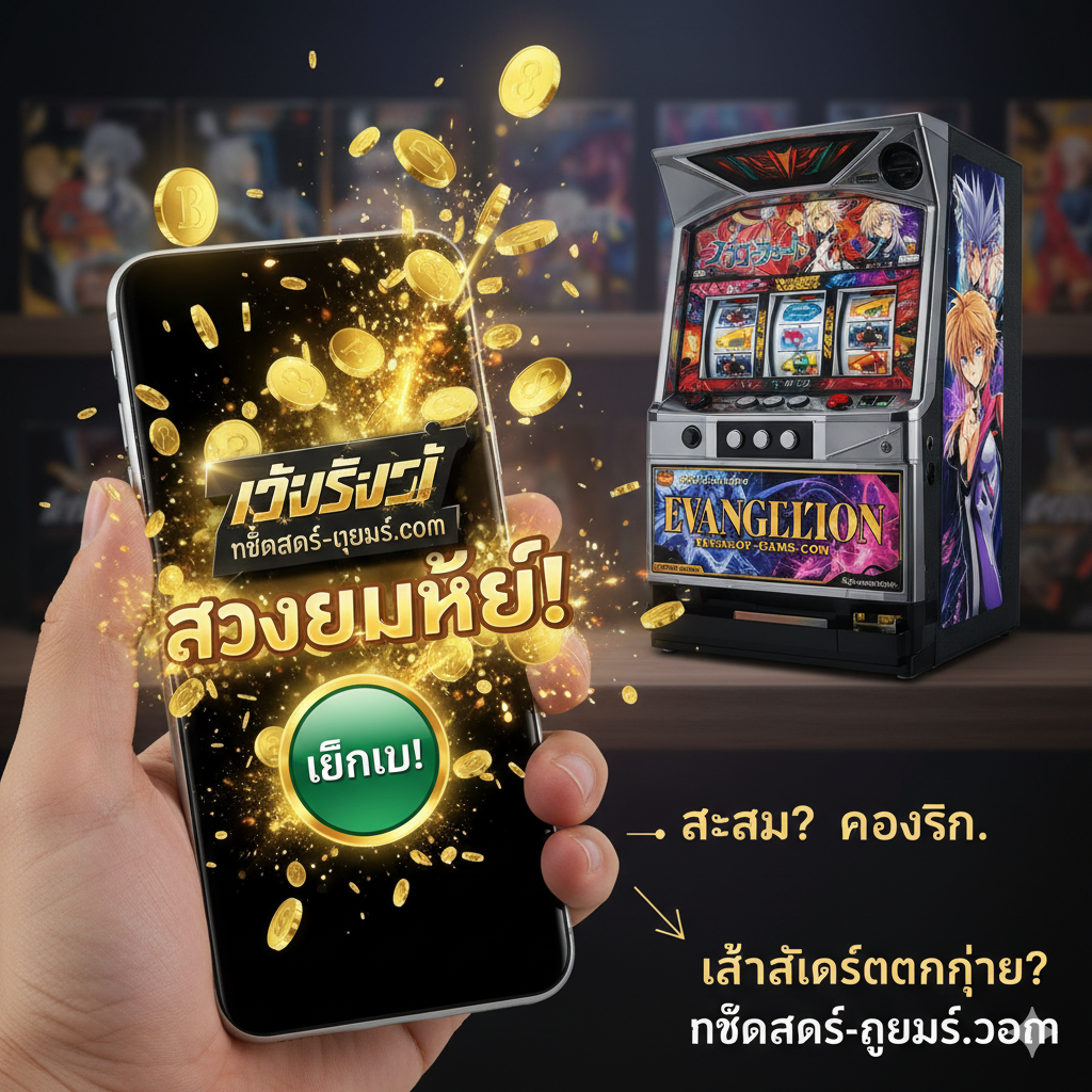 一张强有力的总结和号召性用语（CTA）图片。前景是一部智能手机，屏幕上醒目地显示着topslot-games.com的标志和“立即游戏”按钮，周围环绕着从屏幕中爆发出来的金币和“Big Win”效果。在模糊的背景中，一台实体的“Pachislot Evangelion”机器被展示为收藏品放在架子上。这明确传达了信息：如果为了收藏，就去寻找实体机；如果为了“สล็อตแตกง่าย”（容易爆奖的老虎机）和赢钱，topslot-games.com是最佳选择。