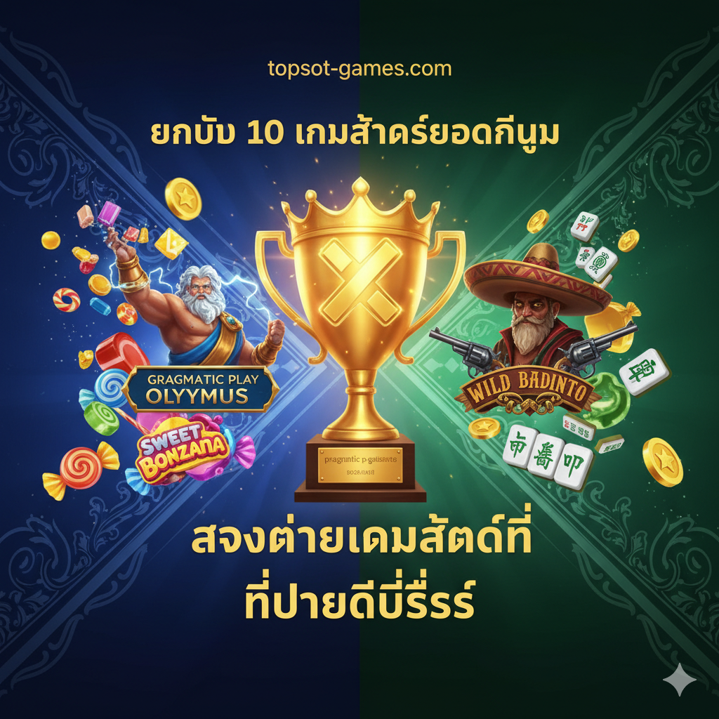优势图，重点展示'Pragmatic Play'和'PG Soft'两大热门游戏提供商的优势。画面采用左右对称构图：左边是Pragmatic Play的代表性游戏元素（如Sweet Bonanza的糖果和Gates of Olympus的宙斯），右边是PG Soft的元素（如Wild Bandito的帽子和Mahjong Ways的麻将牌）。中间用一个醒目的金色奖杯或皇冠符号，下方配有泰语标语“สองค่ายเกมสล็อตที่จ่ายดีที่สุด” (两个支付最好的老虎机公司)，强调这两家公司的顶级地位和高支付率。