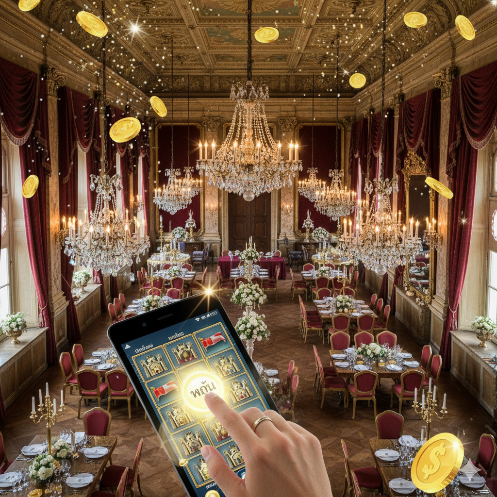 ภาพมือที่กำลังกดปุ่ม 'Spin' บนโทรศัพท์/แท็บเล็ต โดยมีฉากหลังเป็นห้องจัดเลี้ยงหรูหราใน Slot Moermond ซ้อนทับด้วยภาพเหรียญทองคำและแจ็คพอตที่โปรยปรายลงมา สื่อถึงความมั่งคั่งและความตื่นเต้น