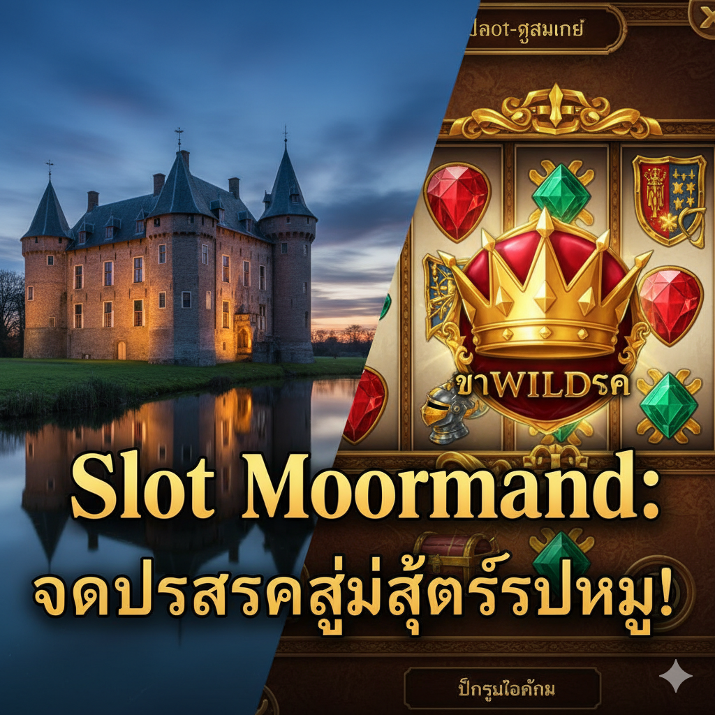 ภาพสำหรับบทความ: ซ้ายเป็น Slot Moermond ปราสาทเก่าแก่ริมคูน้ำใน Renesse โทนสีน้ำเงิน-ทอง ขวาเป็นหน้าจอเกมสล็อตธีมปราสาทอลังการ มีข้อความว่า “Slot Moermond: จากปราสาทสู่สล็อตสุดหรู!” เพื่อเชื่อมโยงสองแนวคิด