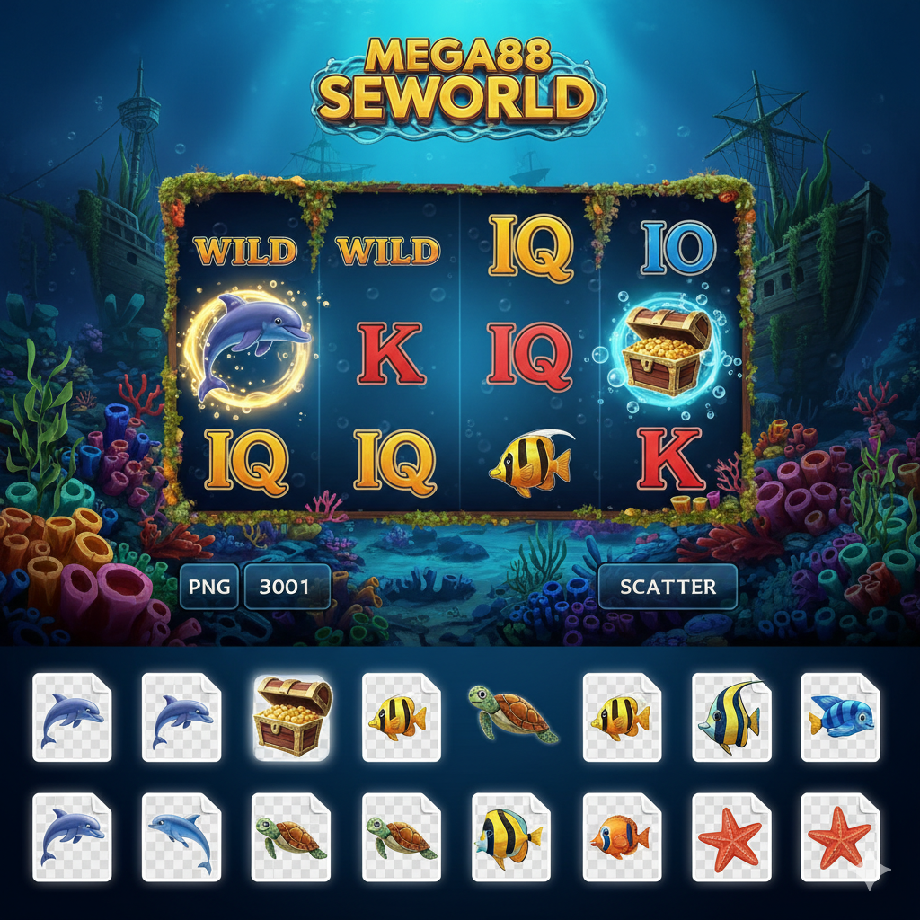 ภาพ展示Seaworld Slot游戏的核心功能和高价值符号。画面为游戏ของ5x3老虎机界面局部截图หรือ高品质模拟图。重点突出Wild符号（海豚）และScatter符号（宝箱）被高亮หรือ用特效圈起来。背景是游戏ของ蓝色海底画面，แต่前景将海豚、宝箱、海龟等主要PNG符号以透明背景ของ展示方式，像资产库一样整齐排列在下方，突出“PNG”และ“Visual Assets”ของ主题。配色鲜艳，强调奖励และ免费旋转。