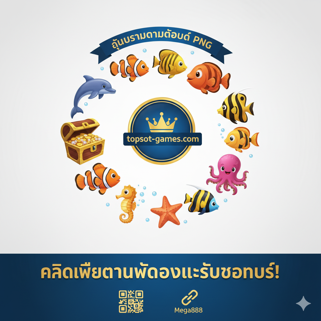 ภาพ用于总结和呼吁行动（CTA）。画面采用干净ของ布局，中心เป็นtopslot-games.comของLogo（如果已知，否则用一个Placeholder Logo），周围围绕着一圈Seaworld Slotของ各种PNG图标（海豚、宝箱、鱼等），强调这是“ศูนย์รวมดาวน์โหลด PNG” (PNG Download Center)。醒目ของ泰语文字“คลิกเพื่อดาวน์โหลดและรับโบนัส!” (Click to download and get a bonus!)ถูก放在最下方，附带一个Mega888注册或下载ของ二维码หรือ链接符号。颜色搭配为蓝色และ金色，强调专业性และ价值。