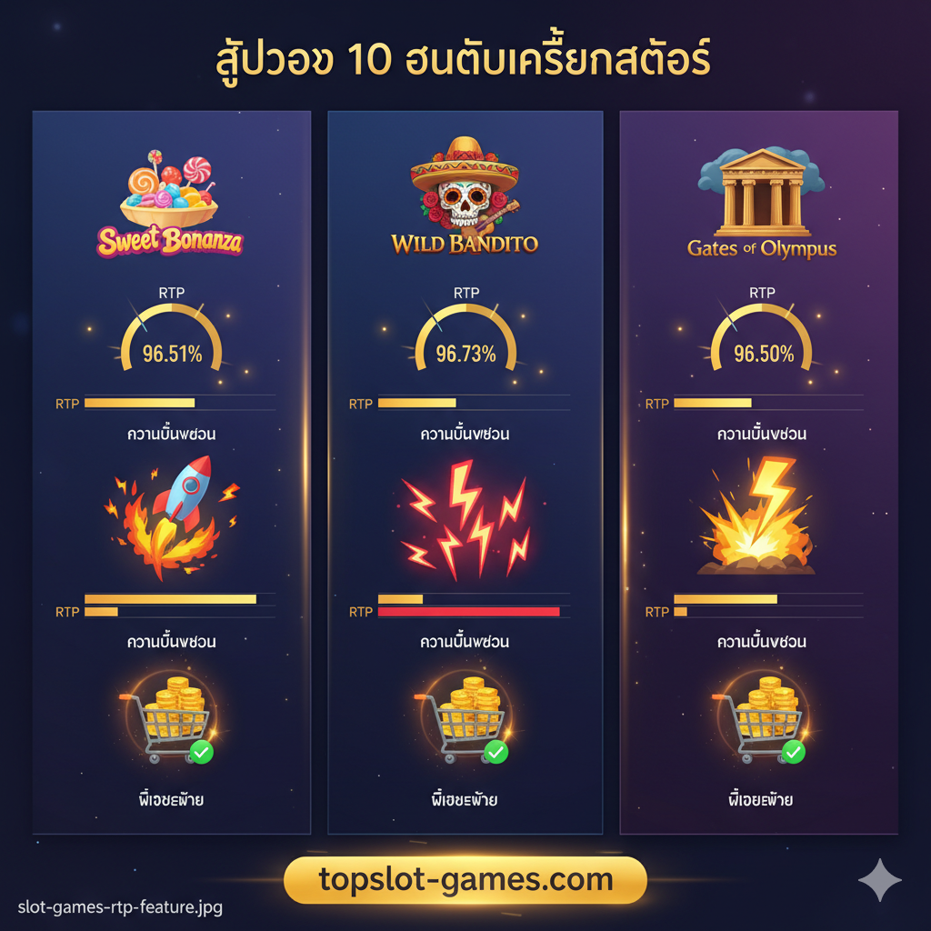 功能特性图，突出文章中提到的关键功能：RTP、Volatility和Buy Feature。图片应采用分栏或信息图表风格，将'Sweet Bonanza'、'Wild Bandito'和'Gates of Olympus'的标志性元素（糖果、墨西哥亡灵节面具、宙斯神殿）以小图标形式展示。核心构图是三个并列的指标（RTP - 百分比图表、VOLATILITY - 火箭/闪电符号、BUY FEATURE - 购物车/金币符号），并使用高亮色彩（金色、红色、绿色）来表示高价值，视觉上强调“高回报率”和“易爆奖”。