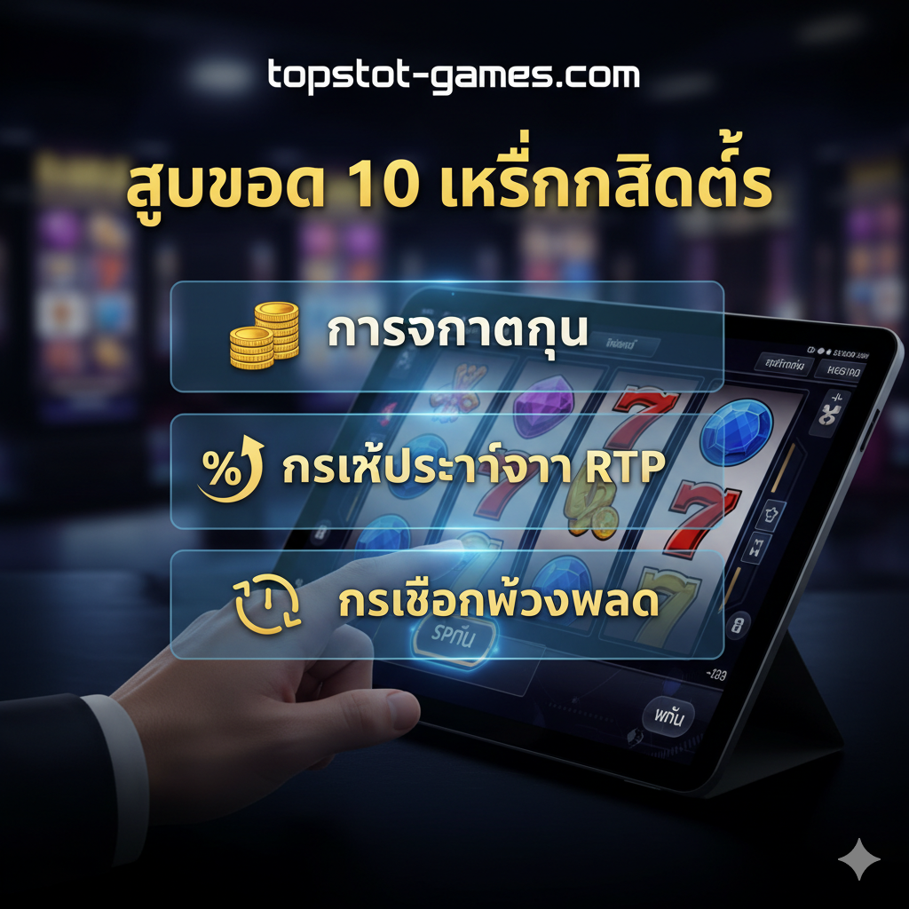 教程图，用于配合'技术和公式'部分。画面应展示一个玩家的手正在点击手机或平板上的“Spin”按钮，背景是老虎机的卷轴在高速旋转，并有一个透明的叠加层显示出关键的赌博策略词汇，如“Money Management (การจัดการทุน)”和“RTP Leverage (การใช้ประโยชน์จาก RTP)”以及一个时钟符号代表“Timing (การเลือกช่วงเวลา)”。整体风格应是专业的、指导性的，色彩偏向深色调以突出屏幕上的提示信息和获胜符号。