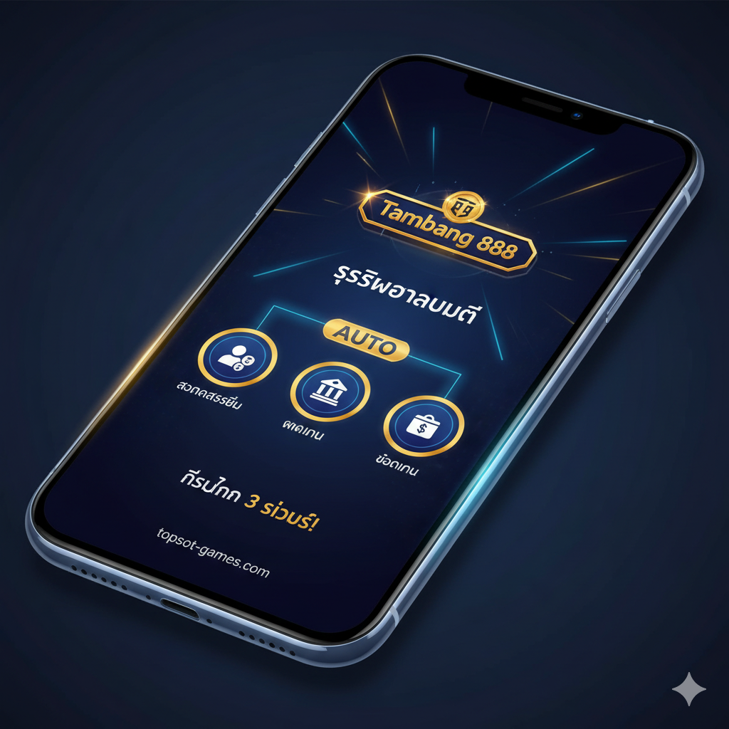 รูปภาพฟีเจอร์ที่เน้นระบบ 'Tambang 888 Auto' ของ topslot-games.com แสดงสมาร์ทโฟนในมุมมองเปอร์สเปคทีฟ หน้าจอแสดงอินเทอร์เฟซผู้ใช้ที่สะอาดตาและทันสมัย มีไอคอน 3 ไอคอนที่โดดเด่น: 'สมัครสมาชิก' (Register), 'ฝากเงิน' (Deposit), และ 'ถอนเงิน' (Withdraw) โดยมีป้ายกำกับ 'AUTO' ติดอยู่บนไอคอนเหล่านั้น มีเอฟเฟกต์แสงนีออนหรือเส้นแสงความเร็ว (speed trails) พุ่งออกมาจากไอคอน เพื่อสื่อถึงการทำธุรกรรมที่รวดเร็ว (ภายใน 3 วินาที) โทนสีหลักเป็นสีน้ำเงินเทคโนโลยี สีขาว และสีทองของแบรนด์ สร้างความรู้สึกน่าเชื่อถือและทันสมัย