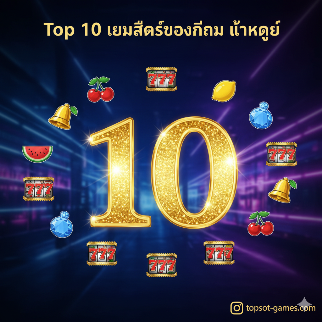 一张醒목的封面图，主题为'Top 10 Slot Machines'，风格应是高端、闪耀的赌场/拉斯维กัส主题。主视觉元素是10个微小的老虎机符号（如水果、777、铃铛、钻石）围绕着一个巨大的、闪闪發光(golden)的数字'10'。背景使用深蓝色或紫色的霓虹灯效果，模拟夜晚的赌场光芒。顶部用泰语写上“Top 10 เกมสล็อตยอดนิยม แตกง่าย”字样，并添加网址'topslot-games.com'作为水印或标语，强调赢钱และ高RTP。