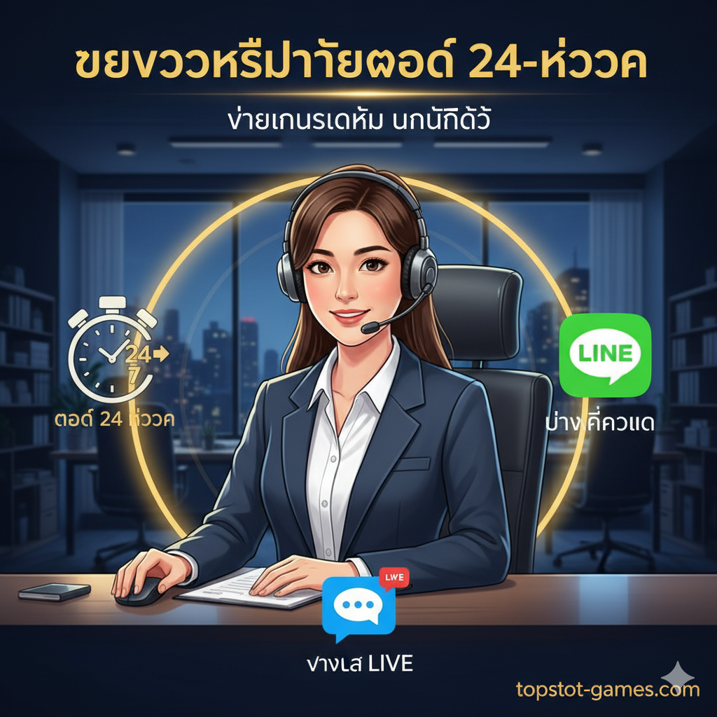 这张图片旨在突出 '24/7 专业支持' 这一优势。图片展示一位友好、专业的泰国客服人员（插画风格），戴着耳机，面带微笑。构图中心是客服，背景是现代化的办公室。客服旁边环绕着三个清晰的图标：一个 '24/7' 时钟图标，一个 'Live Chat' 聊天气泡图标，以及一个 'Line' 应用图标。整体色调采用蓝色、白色และ金色，营造出专业、可靠、值得信赖的氛围，确保玩家ใน 'payout' 遇到问题时能得到即时帮助。