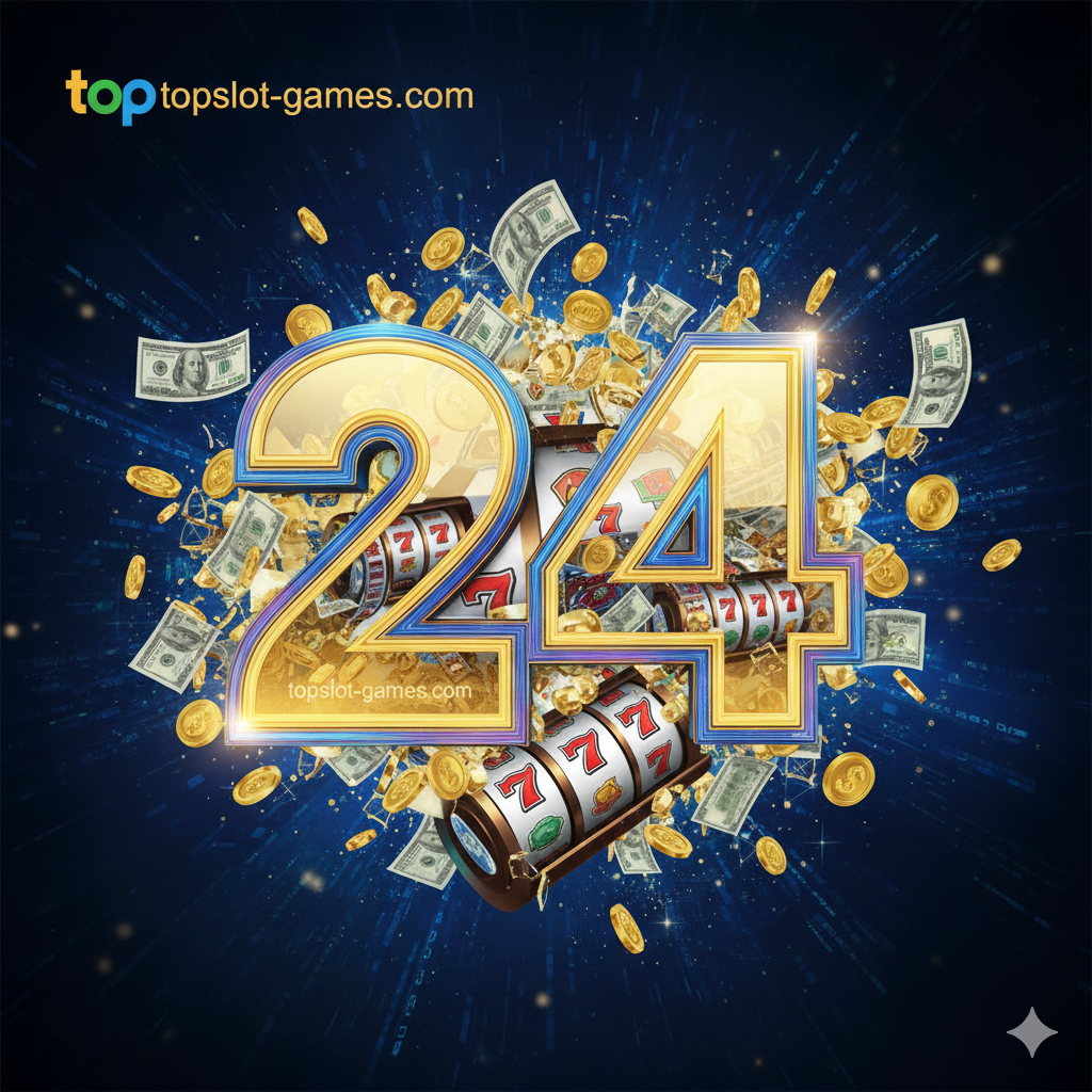 一张引人注目の封面图，采用现代科技感和奢华风格。图片中央是一个巨大、发光的金色数字 '24'，其边缘带有霓虹灯效果（金色和蓝色）。数字内部或周围环绕着动态的老虎机元素，如旋转的卷轴和777符号。大量金币和钞票从 '24' 中喷涌而出，营造出 'payout'（支付）的视觉冲击力。背景为深蓝色或黑色，点缀着数据流光效，突出 '24小时' (24-hour) 的主题。topslot-games.com 的网址巧妙地放在角落。
