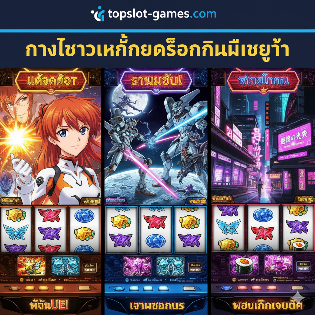 一张拼贴图，展示了topslot-games.com上推荐的“Evangelion slot machine”的“替代”游戏。图片分为三个部分，分别展示了三种游戏的主题：1) 具有“Asuka”风格的强大女性角色的动漫主题老虎机。2) 具有巨型机器人和外星人战斗的科幻/机甲主题老虎机。3) 具有霓虹灯和未来派建筑的“新东京”或赛博朋克主题老虎机。每个部分都应显示令人兴奋的图形和“Jackpot”或“Free Spins”等字样。