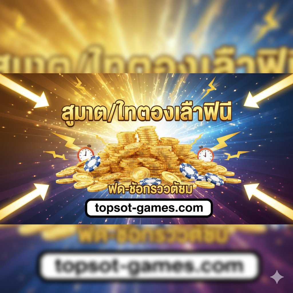总结和CTA图，用于鼓励用户访问'topslot-games.com'。图片应是一个简洁的广告横幅风格，中央是一个闪閃發光的金幣堆或筹码塔，上面有一个醒目的泰语短语“สมัคร/ทดลองเล่นฟรี” (注册/免费试玩)。在金币堆周围มี快速的闪电符号และ时钟符号，用来暗示'ฝาก-ถอนรวดเร็ว' (快速存取款)。底部放置清晰可见的网址'topslot-games.com'，整体色彩明亮，吸引眼球，并使用箭头指向CTA文字。