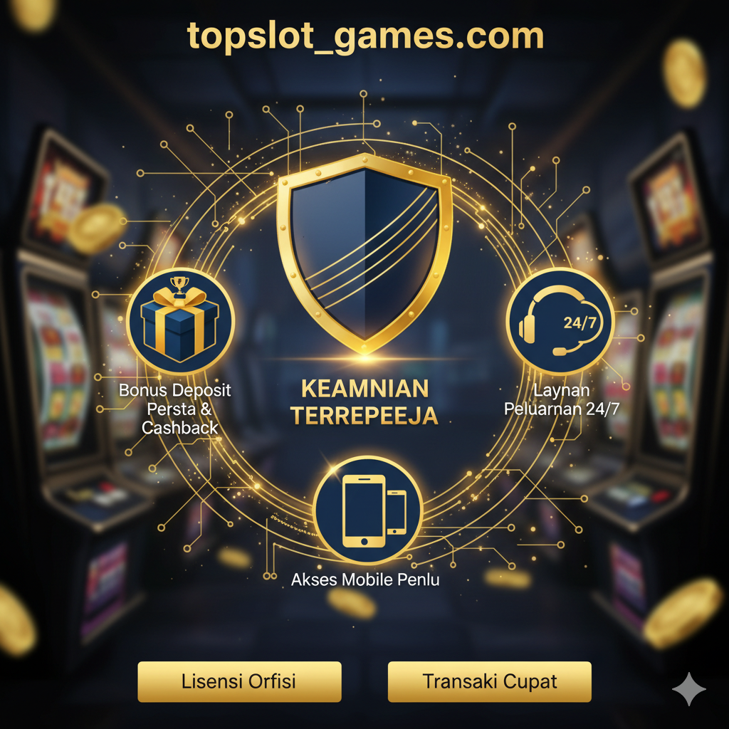 展示topslot-games.com平台的优势。画面采用品牌代表色（假设为蓝色/金色）的盾牌造型居中，代表安全性 (Keamanan Terpercaya)。盾牌周围环绕着三个关键图标：一个醒目的大礼包/奖杯（象征Bonus Deposit Pertama和Cashback）、一个24/7客服耳机（象征Layanan Pelanggan 24/7）和一个智能手机和平板电脑图标（象征Akses Mobile Penuh）。整体构图专业可靠，使用金色线条和光效增加平台信赖度，突出“Lisensi Resmi”和“Transaksi Cepat”的卖点。