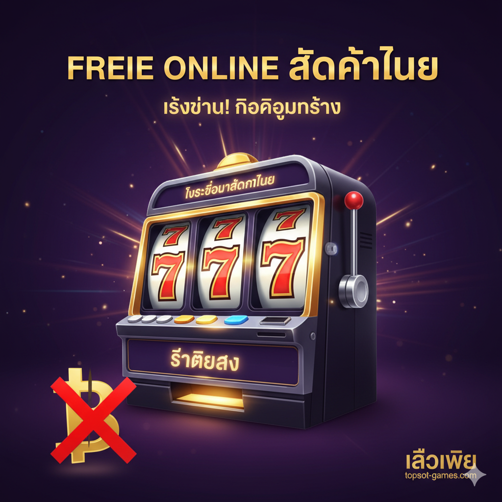 หนึ่ง引人注目的网站文章封面图,主题是“免费在线角子机游戏”。画面主体应是一个巨大的、闪闪发光的虚拟老虎机(slot machine)的特写,占据中心位置。老虎机屏幕上显示着'FREE PLAY'(免费玩)或一个巨大的'777'中奖组合,但没有显示真钱符号。背景色彩使用深紫色或深蓝色,并辅以金色或霓虹灯效果的光芒,营造出拉斯维กัส式的兴奋感,但又带有'免费'的轻松氛围。下方角落可以有一个漂浮的泰国泰铢符号(฿)被一个大ๆ红色'X'划掉,强调'不涉及金钱'。整体风格现代、高端,且充满活力,吸引泰国玩家。