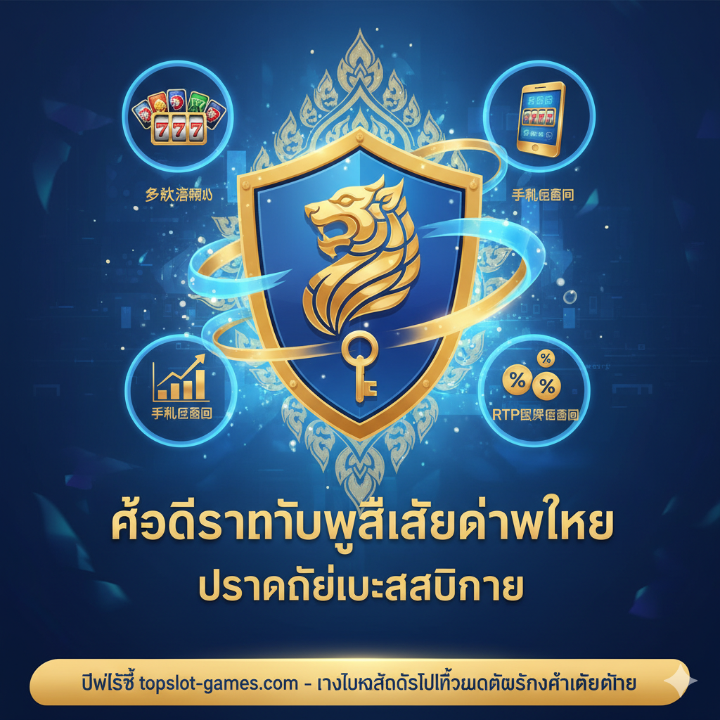 突出“优势”部分,特别是为泰国玩家提供的安全和选择。构图中心是一个保护罩(Shield)或一个巨大的'✅'符号。保护罩内嵌着一个泰国的狮子标志或一个象征安全的符号(如一把钥匙)。周围环绕着小图标,代表文章中提到的优势:如'多款游戏图标'(代表多样性),'手机图标'(代表移动友好),以及'RTP图表图标'(代表信息透明)。使用泰国的文化元素和代表信任的蓝色和金色调。图片应传达出'topslot-games.com 是最安全、最聪明的免费老虎机选择'的强烈信息。