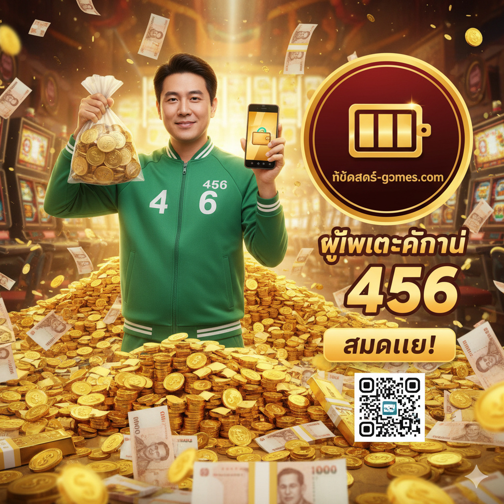 ภาพสรุปและคำกระตุ้นการตัดสินใจ โดยมีผู้เล่น 456 (ซอง กี-ฮุน) ที่ประสบความสำเร็จพร้อมเงินรางวัลมากมาย และโลโก้ topslot-games.com ที่กระตุ้นให้ลงทะเบียน