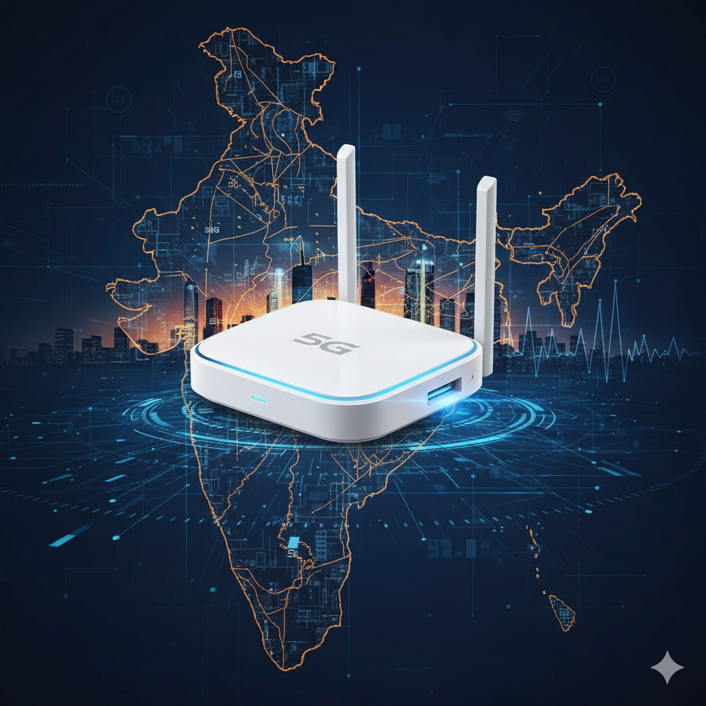 一张教程指导图，突出“Unlocked SIM Slot”和“Plug and Play”的简易性。画面主体是一个特写镜头，一只手（可以象征用户）将一张印有“Jio 5G”或“Airtel 5G”标志的SIM卡插入一个解锁版（Unlocked）路由器的SIM卡槽中。背景是模糊的家庭或办公室环境，重点是卡槽和SIM卡。采用清晰明亮的拍摄风格，旁边配有“Unlocked Router”和“Choose Your Carrier”的简单文字，旨在解释选择unlocked 5g router sim slot的重要性。