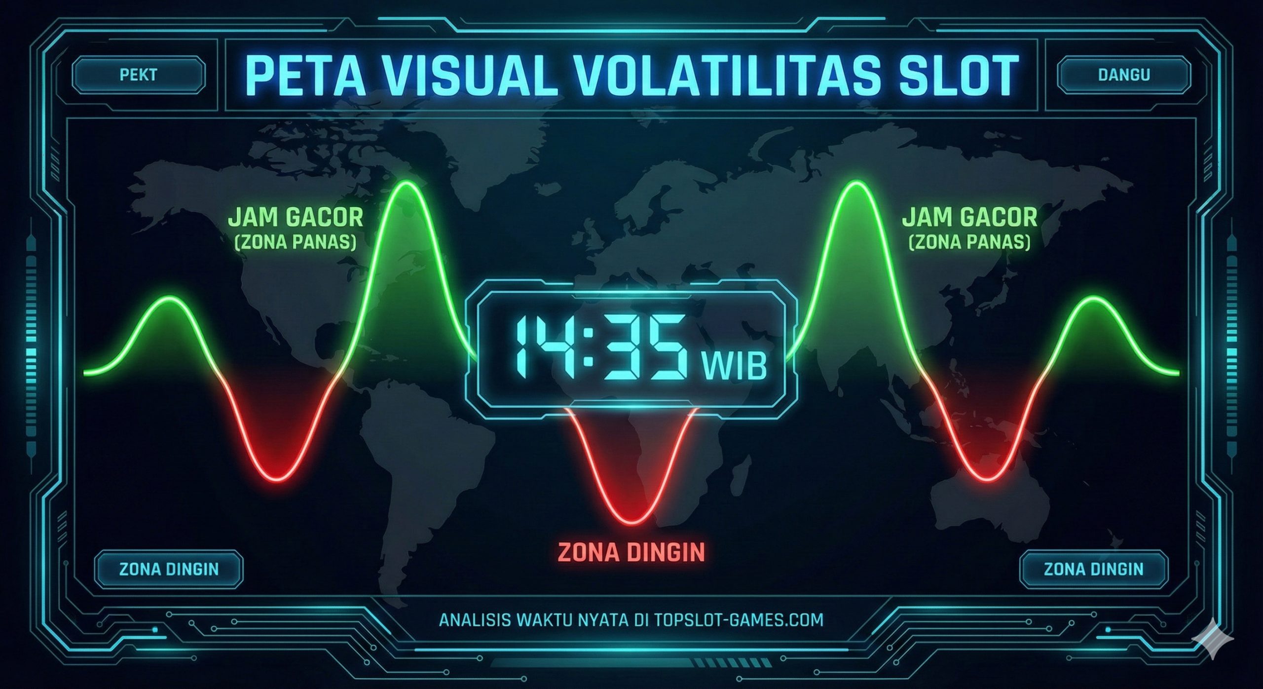 A futuristic user interface (UI) design showcasing the exclusive 'Visual Map' feature. The screen displays a dynamic waveform graph tracking slot machine volatility in real-time. Specific time zones are highlighted in bright neon green to represent 'Gacor Hours' (Hot Zones), contrasting with flat red lines for 'Cold Zones'. A digital clock interface overlays the graph. The visual style is sleek, dark mode with vibrant neon accents, illustrating the data-driven approach of topslot-games.com compared to traditional static RTP percentages.